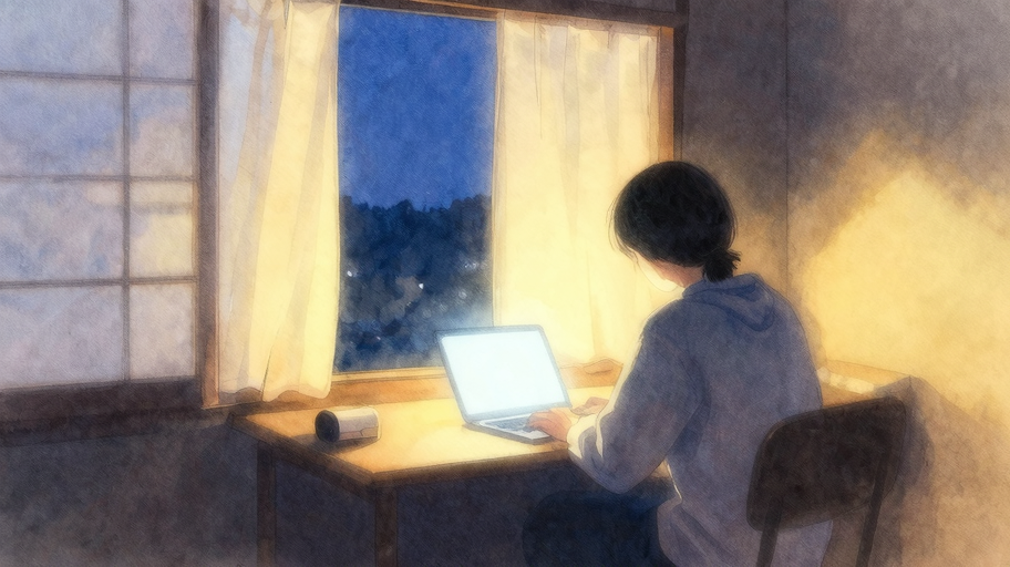 AIと話す夕暮れの部屋、窓辺の光と静かな空間