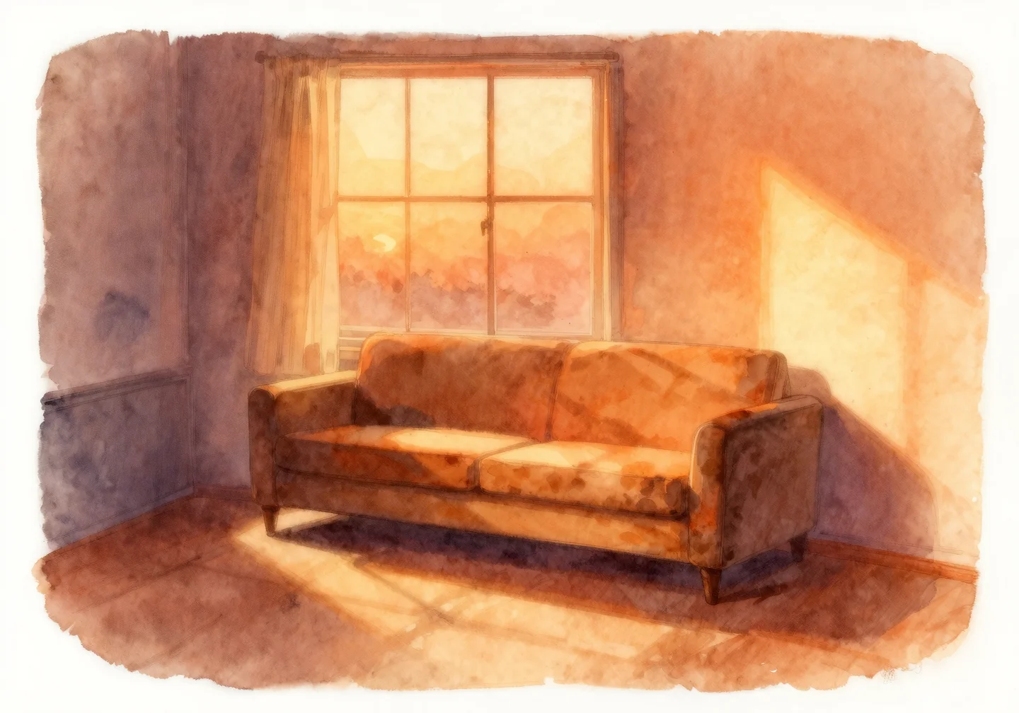 夕暮れの部屋、窓際に差し込む橙色の光と空のソファ、静謐な水彩イラスト