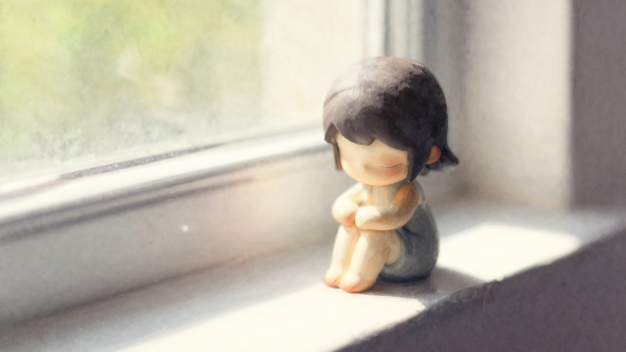 窓辺に置かれたキャラクターのフィギュアと、静かな光と影