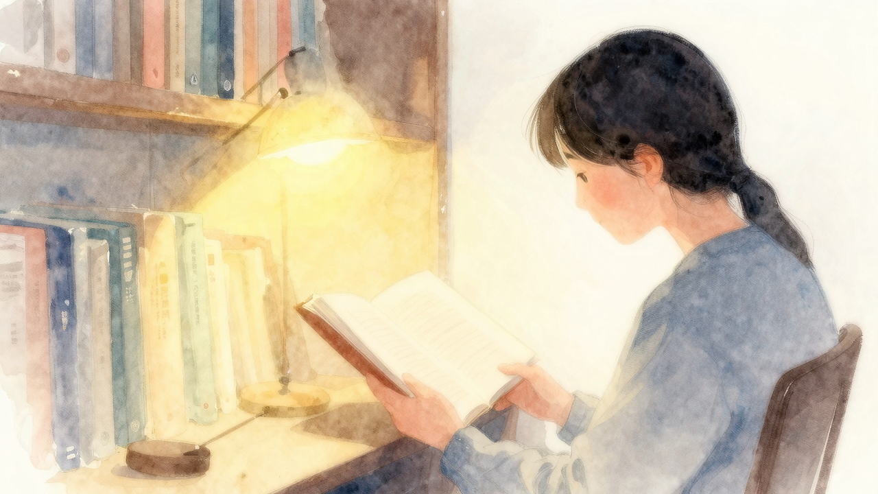 本棚の前に静かに佇む人、読書に集中した横顔と柔らかい室内照明