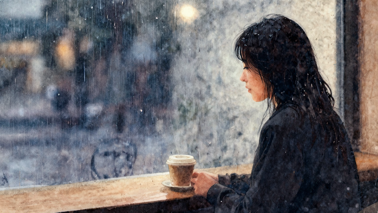 静かな夜のカフェ、一人でコーヒーを飲む人の横顔と窓の雨