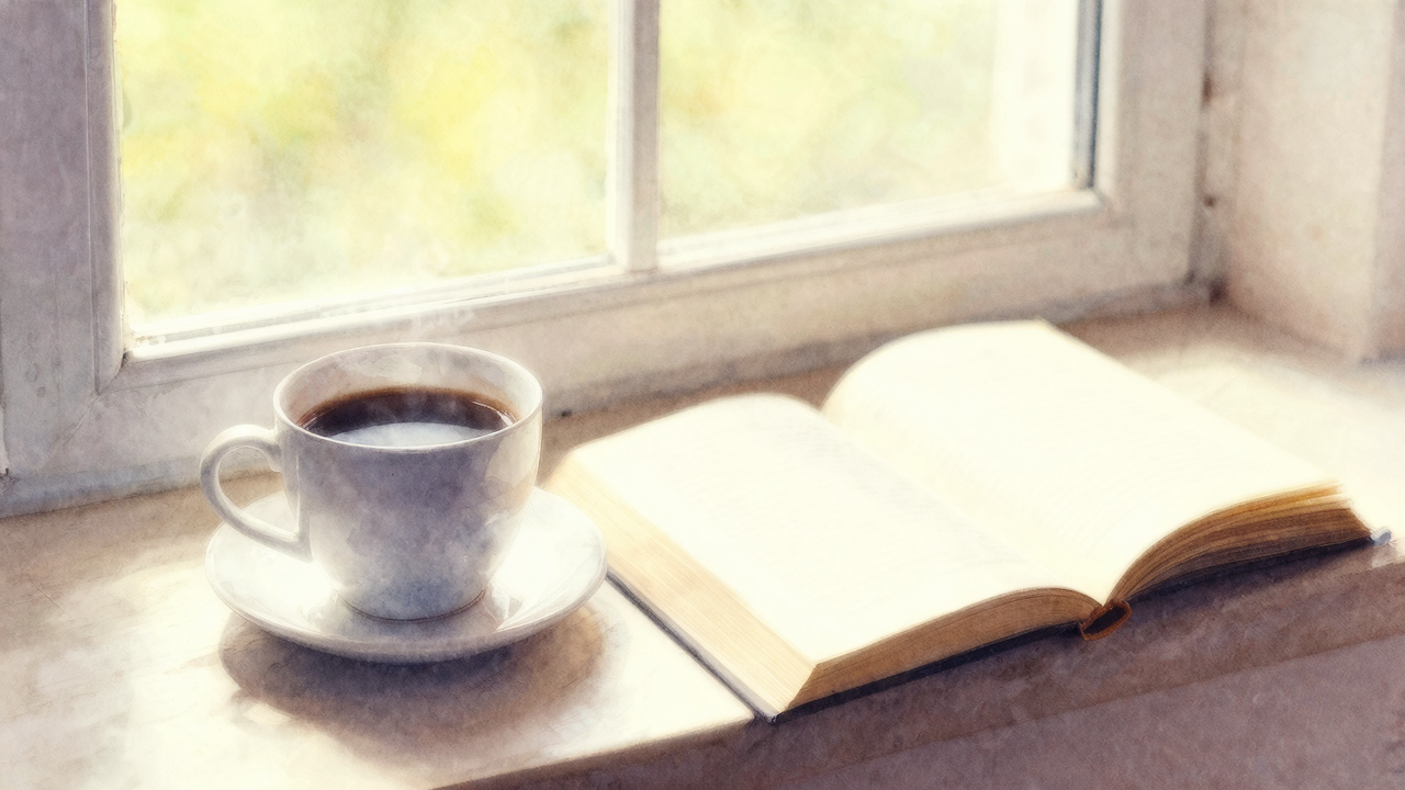 朝の窓辺、コーヒーカップと本、やわらかく差し込む光と考える時間