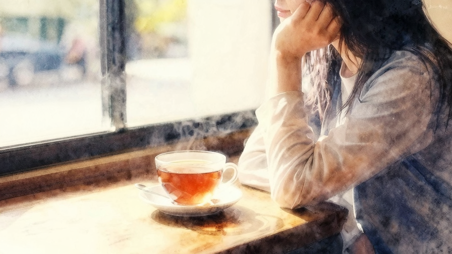茶を飲みながら考え込む人物、静かなカフェの窓辺、柔らかい午後の光