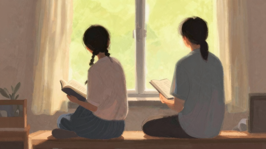 窓辺に座る二人の人物、一方が本を読み一方が外を眺める、穏やかな同居