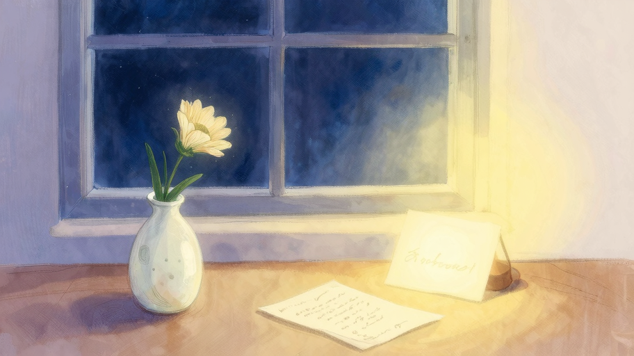 夜の窓辺、一輪の花と手書きのメモ、繊細なペン画スタイル