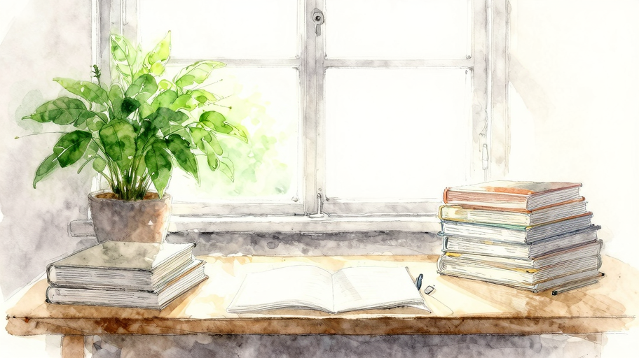 静かな朝の書斎、本と植物のある窓辺、柔らかい自然光