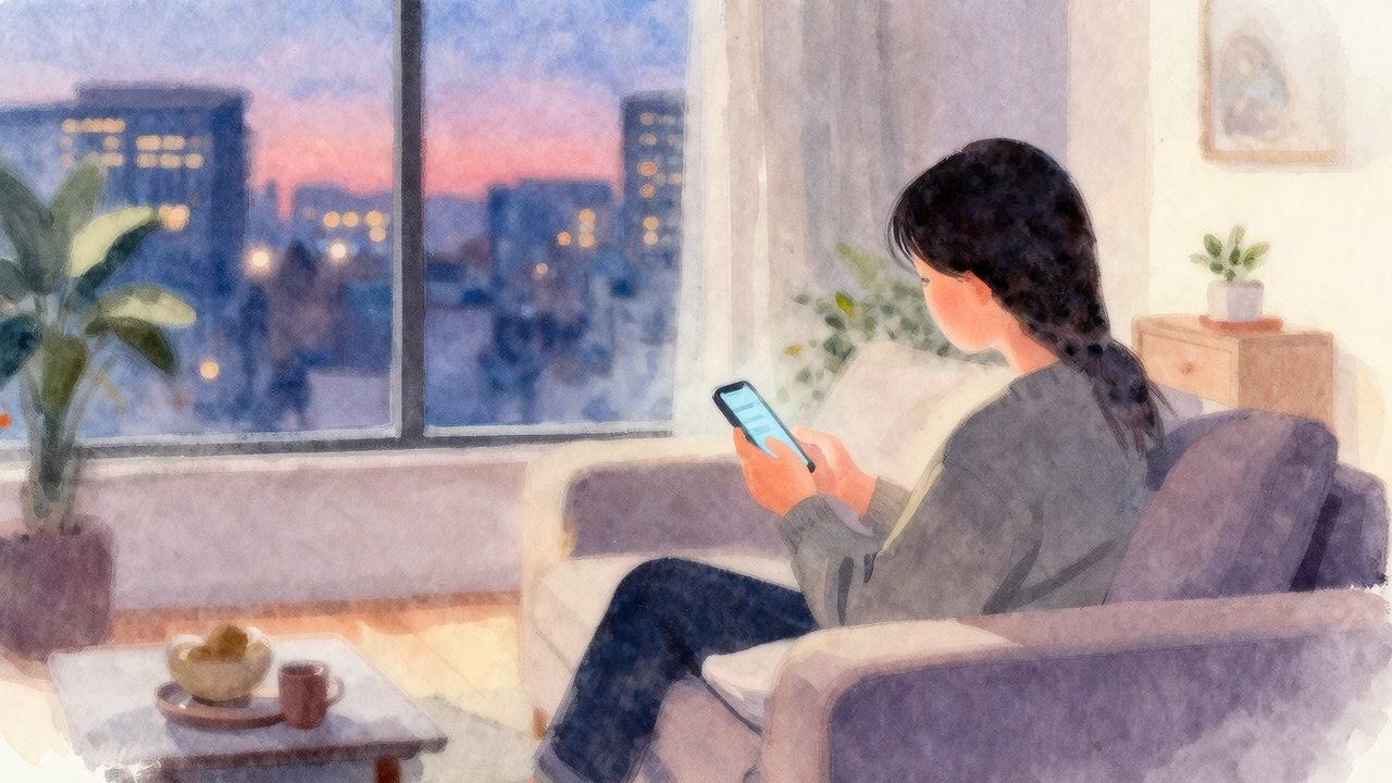 夜、部屋に帰ってきた瞬間、窓から街の光が見える静かな玄関