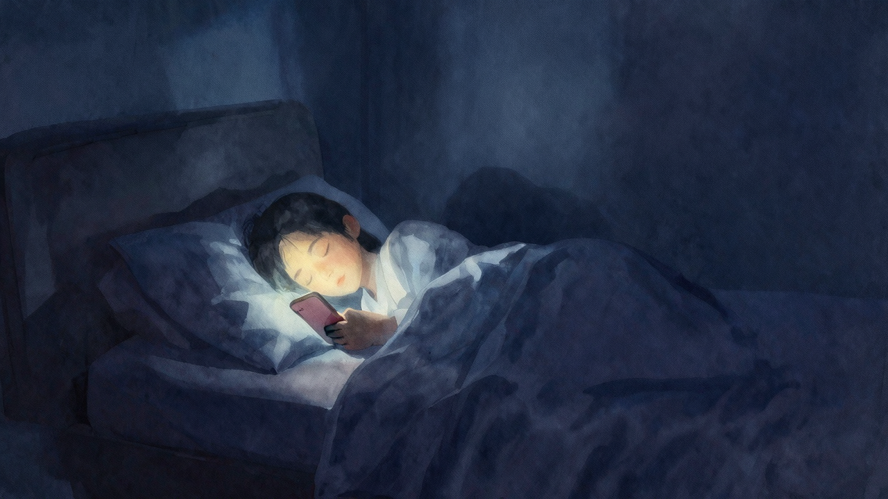 深夜の部屋、暗闇の中にスマートフォンの光だけが照らす、静かな夜の質感