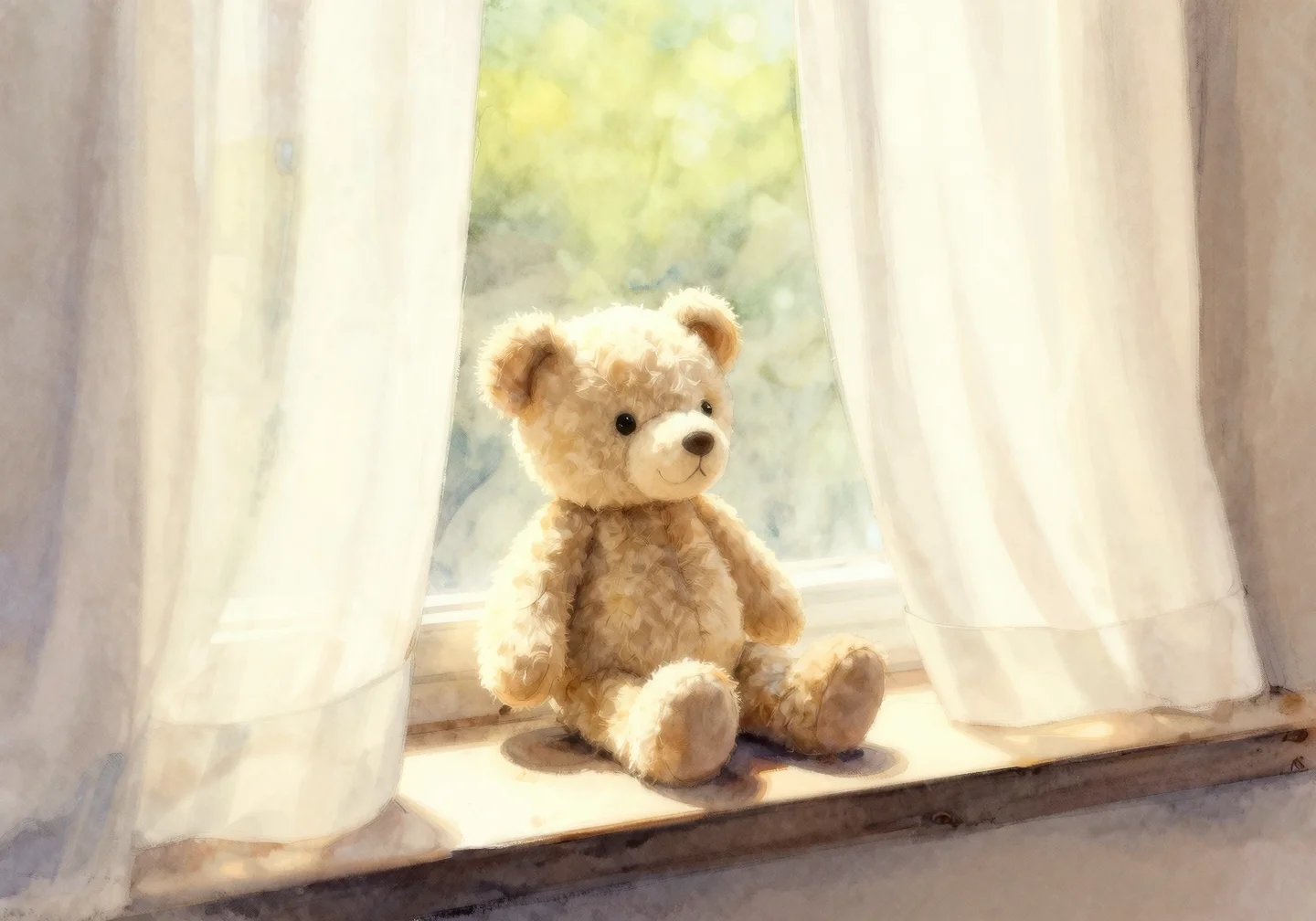 窓辺のぬいぐるみ、日光が差し込む静かな午後、柔らかい水彩タッチ