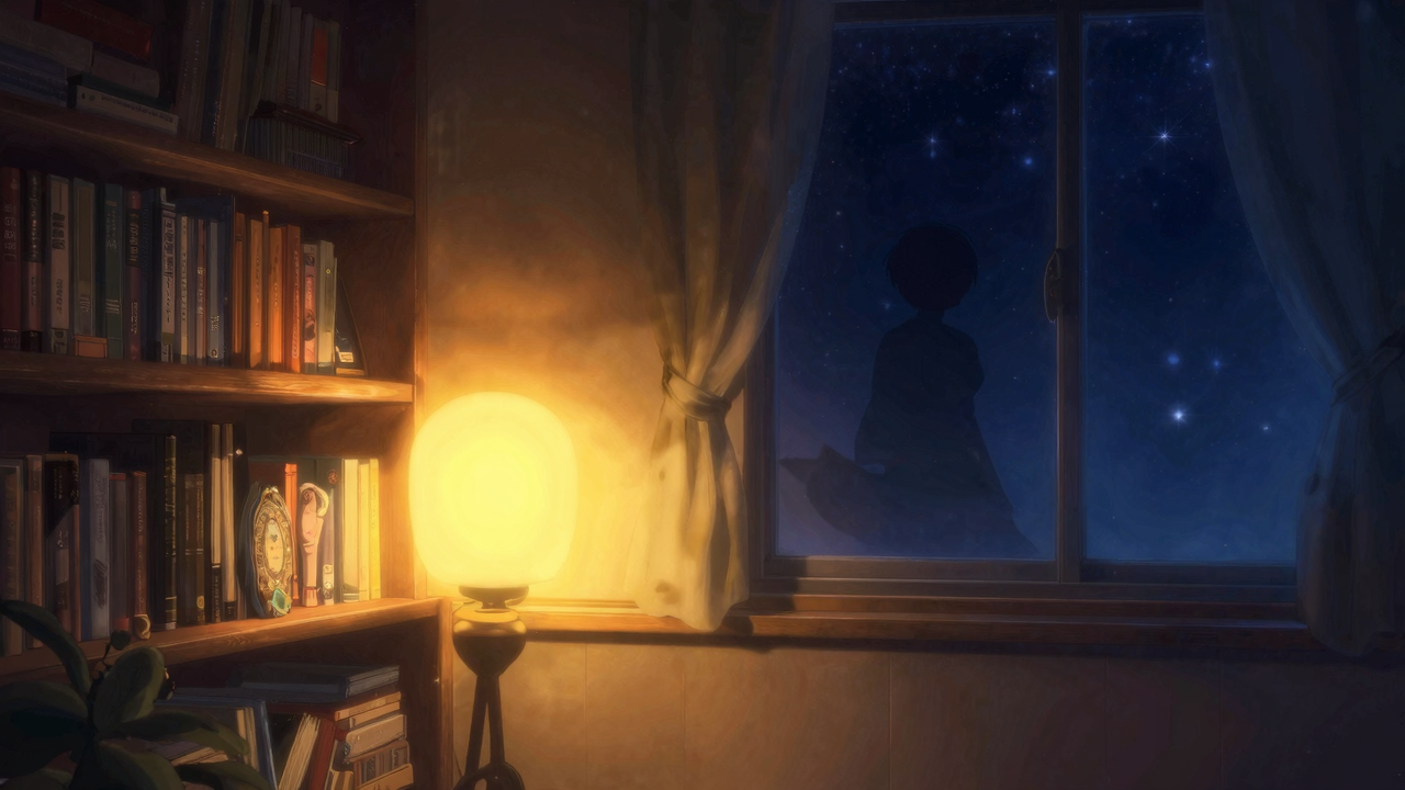 夜の部屋、本棚と間接照明、窓から見える星空を背景にしたキャラクターシルエット