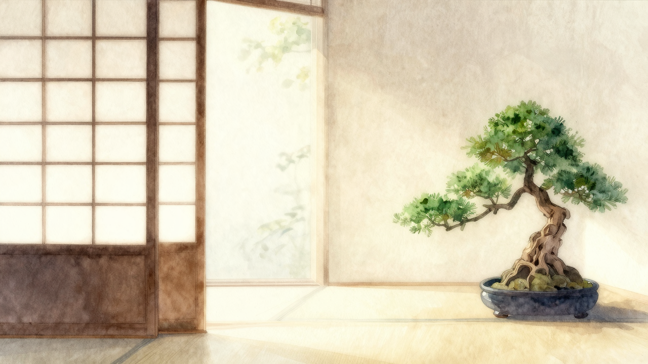 静謐な部屋、障子から差し込む光と盆栽、和紙の質感のある柔らかい空間